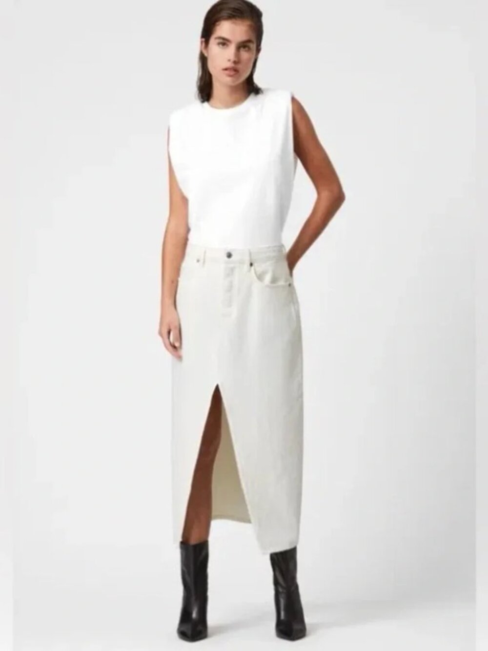 AllSaints White Denim Midi Skirt Size 8 Front Slit Button Fly